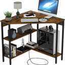 Auromie Corner Desk with Outlets & USB Ports, 90 Degree Triangle Corner Table with CPU Stand & Storage Shelves for Small Space, Computer Table with Charging Station for Home Office Bedroom (Rustic)