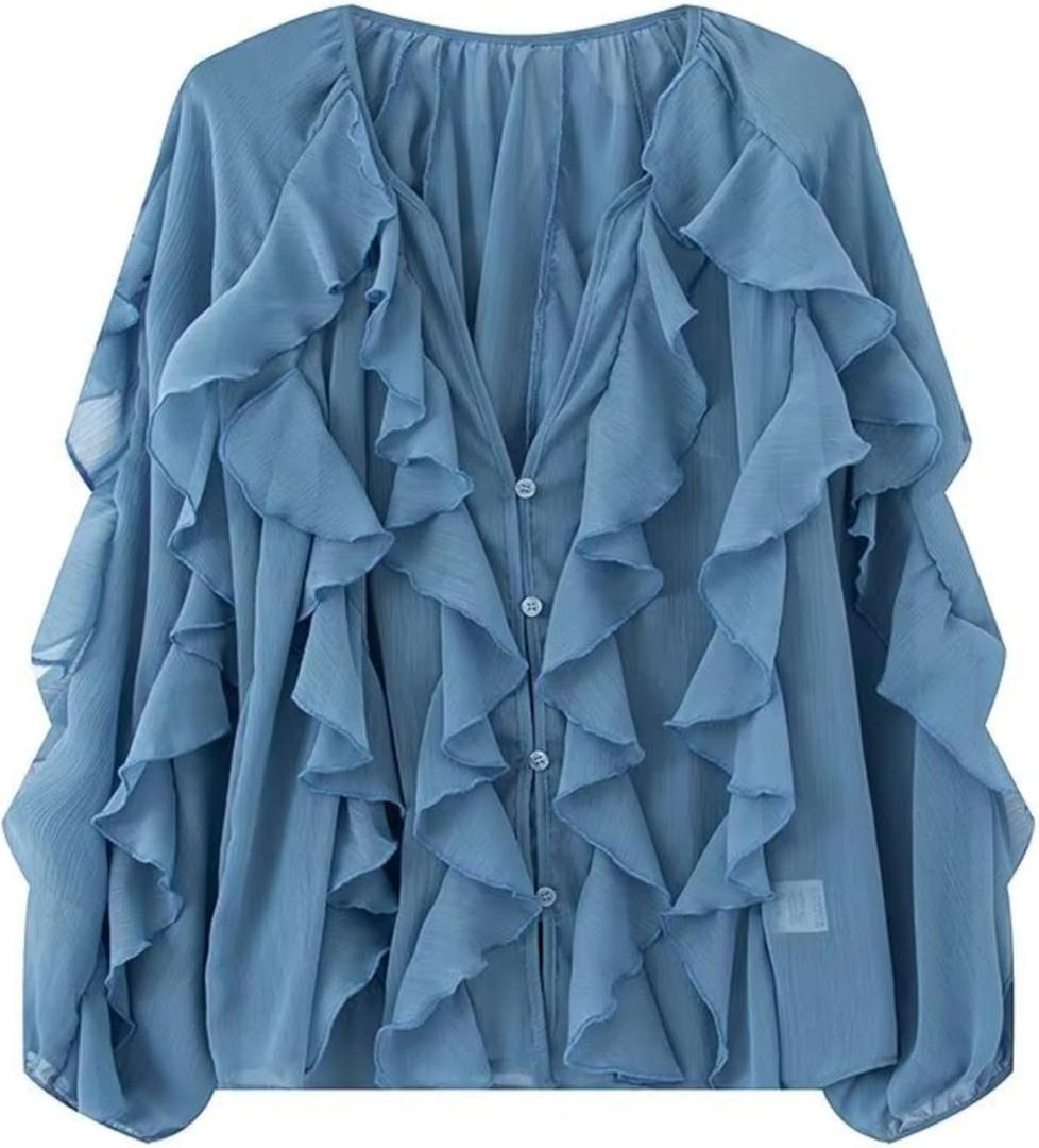 HangNiFang Ruffled Multi-Layered Summer Blouse for Women Trendy Semi See Through V-Neck Long Sleeve Button Chiffon Shirt Tops (Small, Blue)
