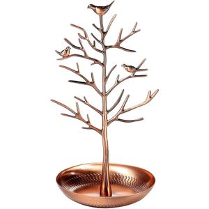 Juvale Jewelry Organizer Stand with Tray, Tree Branch with Bird Ring Holder for Necklaces, Bracelets, Earrings, Small Retro Jewelry Tower Rack for Home, Desk, and Business Display, Copper Plated