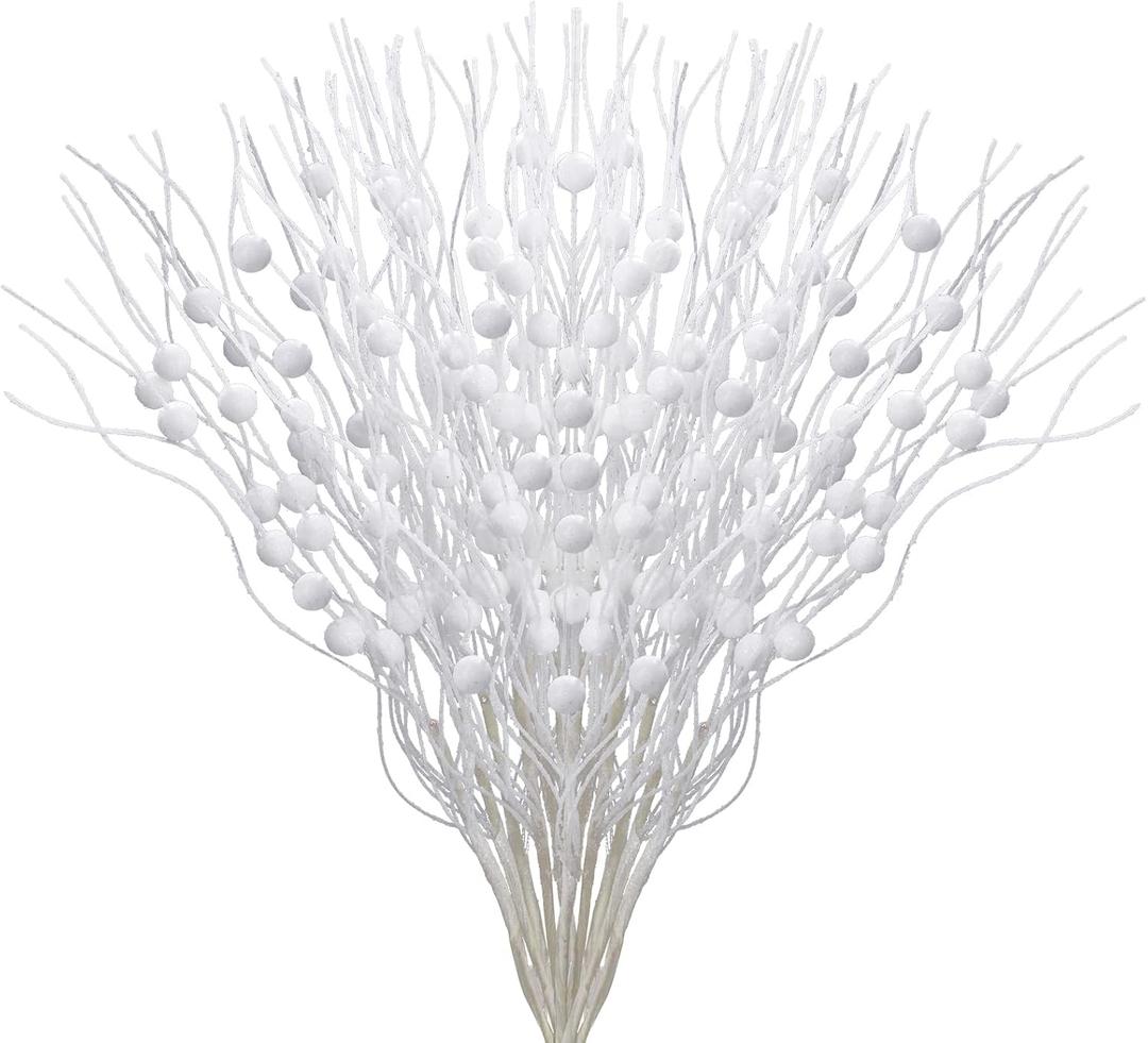 12 Pack Glitter Curly Christmas Spray Set White Wispy Willow Christmas Berry Picks Sprays Glittered Twigs Decor for Christmas Tree Topper Wreath Garland Bouquet Floral Arrangement (White)