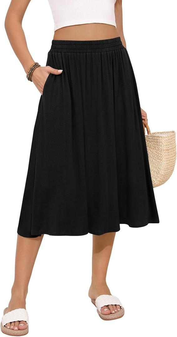 Women's Midi Skirt Summer Flowy Elastic High Waisted Casual Pleated Skirts with Pockets (XX-Large, Black)