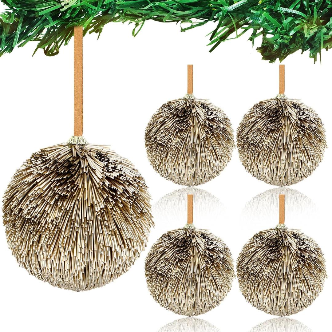 Syhood 4 Pcs Large Champagne Gold Christmas Balls Glitter 4 Inch Big Christmas Ornaments Silk Tubing Shatterproof Hanging Balls for Xmas Tree Party Holiday Indoor Outdoor Home Decor