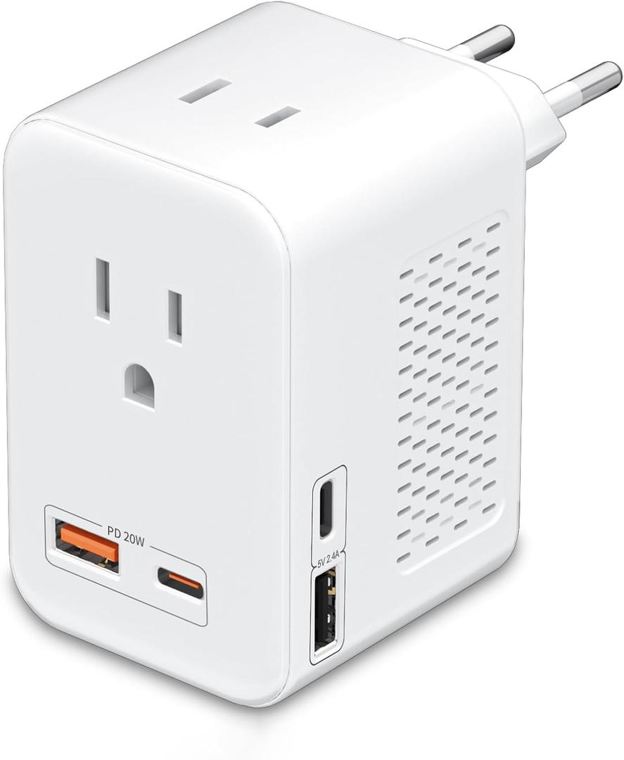 SARQW 220V to 110V Voltage Conversion Plug Adapter for Traveling from USA to Europe with 2 USB and 2 USBC Ports PD 20 W, 2 AC Outlets International Power Adapter