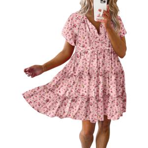 Dokotoo Womens Summer Casual Boho Floral Dresses 2026 V Neck Short Sleeve Sundresses Flowy Swing A-Line Mini Dress (Medium, Pink)