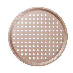 Bakeley 12-inch Air Crisp Perforated Pizza Pan with Hole, Heavy Duty Carbon Steel, Non-Stick Pancake Bakeware for Oven Baking (Champagne Gold)