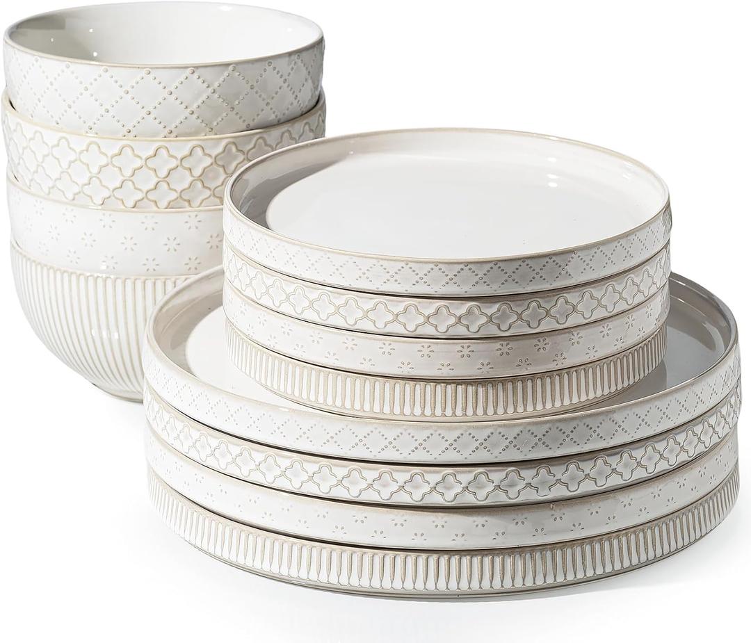 Getstar Dinnerware Sets, Plates and Bowls Sets (10.5 Dish + 8 Dish + 6 Bowl) for 4, Microwave Dishwasher Safe, 12 PCS Ceramic Dinnerware Sets