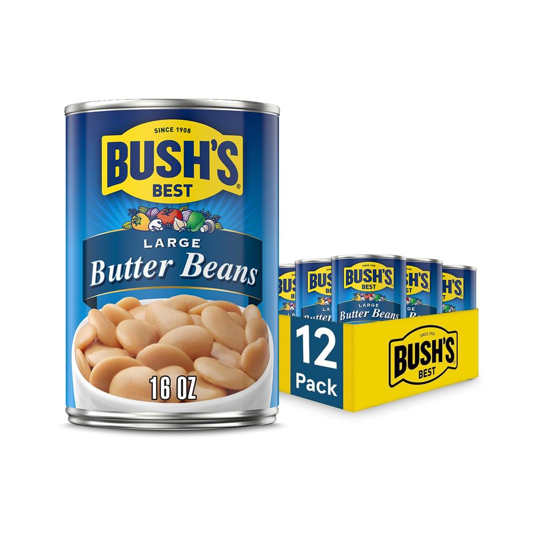 BUSH'S BEST 16 oz Canned Large Butter Beans, Source of Plant Based Protein and Fiber, Low Fat, Gluten Free, (Pack of 12)