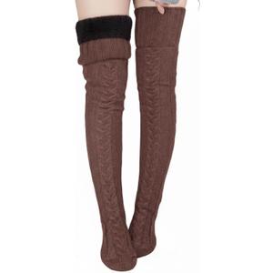 Suhine Women Fleece Lined Thigh High Sock over Knee Cable Knit Boot Sock Extra Long Winter Warm Thermal Stocking Leg Warmer (Brown)