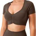 TAYOEA Crop Tops Workout for Women Yoga Short Sleeve Shirts Seamless V-Neck Gym T Shirts with Built in Pads (Brown, M)