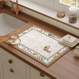 ARTABLE Dish Drying Mat Floral Print Absorbent Coffee Mat Rubber Backed Kitchen Counter Super Absorbent Fast Drying Kitchen Must-Have(Beige, 16 x 24 Inches)