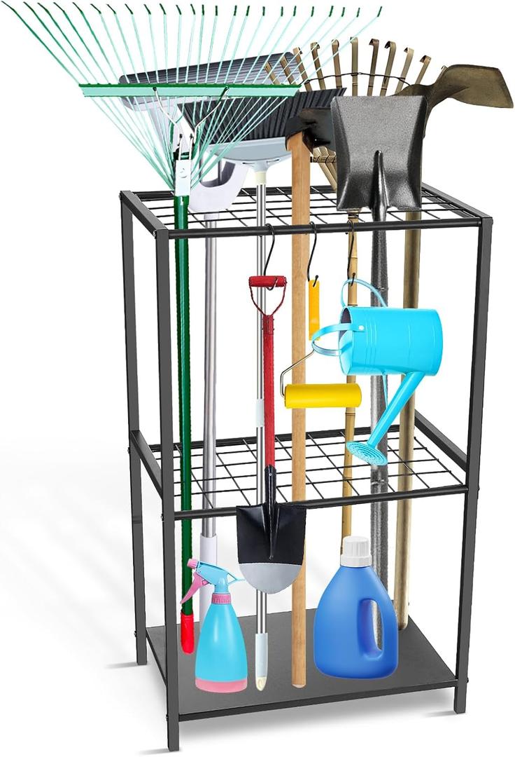 Garden Tool Organizer - Yard Tool Storage and Organizers, Utility Rack with 3 Hooks, Garden Yard Tool Stand Tower Racks, Tool Holder for Broom, Shovel, Rake, Mop, Garage Organization, Black