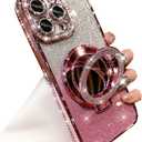 Magnetic Kickstand Glitter Case for iPhone 16 Pro Max,[Compatible with Magsafe] Bling Sparkly Rhinestones with Camera Protector Makeup Mirror Women Girls Case for iPhone 16 Pro Max 6.9", Pink