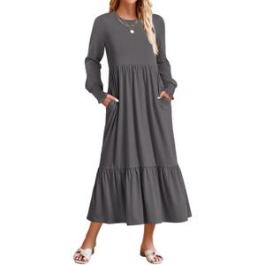 ZESICA Women's Spring Long Sleeve Dress 2025 Crewneck Casual Loose Pleated Tiered Swing Midi Dresses with Pockets (X-Large, Darkgrey)