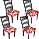 Stretch Dining Chair Seat Covers Set of 4,Dining Chair Slipcovers, Floral Printed Chair Covers,Soft Fabric Washable Upholstered Chair Seat Protector, No Rear Covers for Home Kitchen Dining Room (Redflame Flowers)