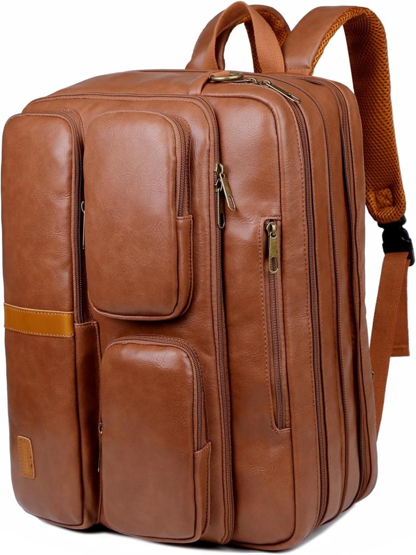 Baosha Vegan Leather Laptop Briefcase Backpack Hybrid Large 17 inch Laptop bag Travel Carry on Backpack (Brown)