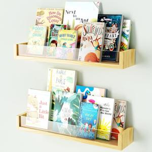 NiHome Solid Wood and Acrylic Floating Shelves for Children's Rooms, Nurseries, Playrooms, Easy Installation Clear Panels Book Display, Safe Reading Environment for Infants and Toddlers (Set of 2) (Natural Wood-2pcs)