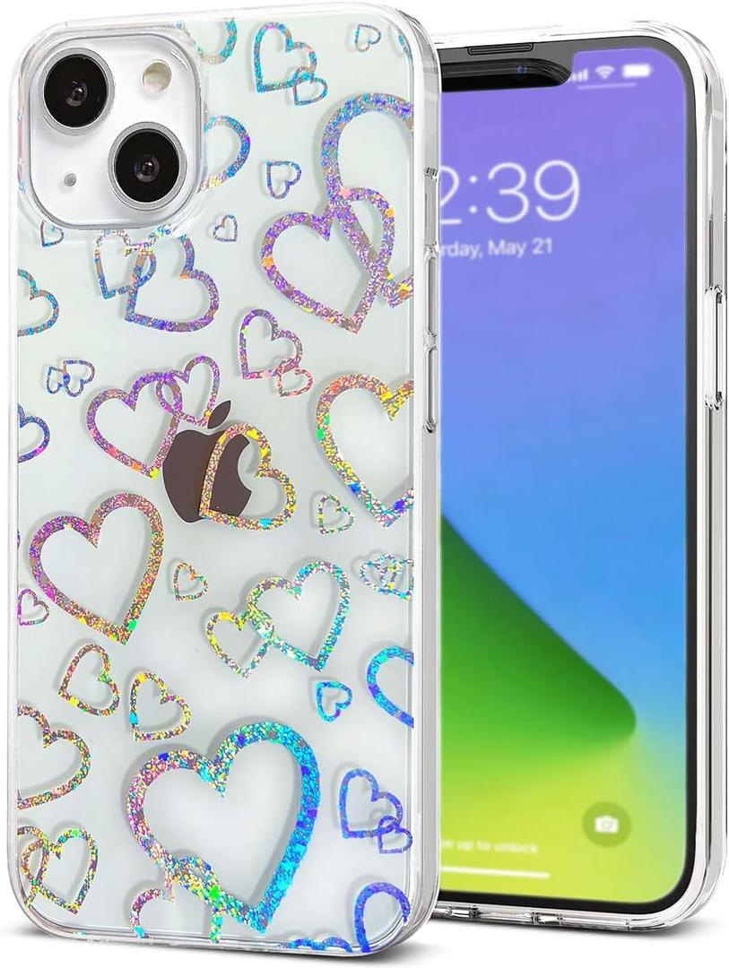 Compatible with iPhone 13 Clear Case Glitter with Holographic Heart Sparkle Design Transparent Cute Soft TPU & Hard PC Shockproof Protective Case for Girls Women