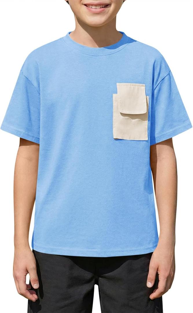 Boys Short Sleeve T Shirts Kids Fashion Crewneck Casual Tees Tops with Flap Chest Pocket 5-14 Years (Blue)
