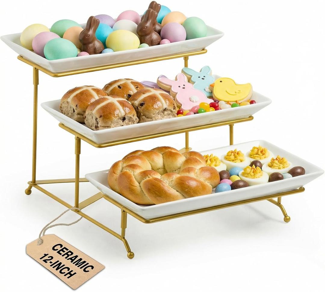 LAUCHUH 3 Tier Serving Tray, Porcelain Serving Platter Tier Serving Stand with Collapsible Sturdier Rack, Serving Trays and Platters Dessert Party Display Set for Easter, Gold, 12 Inch