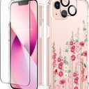 GVIEWIN for iPhone 13 Case Floral, with Screen Protector&Camera Lens Protector,[Non Yellowing] Soft Shockproof Clear Phone Protective Cover for Women, Flower Pattern Design 6.1"(Alcea/Red)