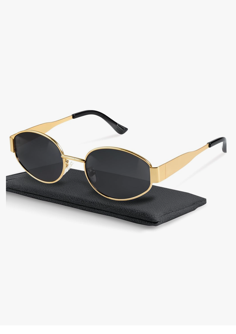livho Retro Polarized Sunglasses - UV400 Protection, Oval Shape, Metal Frames - Matching Soft Case Included