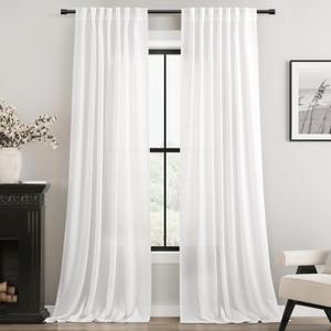 White Linen Curtains 90 inch Length for Bedroom Loop Pocket Privacy Light Filtering Semi Sheer White Boho Farmhouse Curtain 90 inch Long Drapes Cotton Textured Modern Elegant Coastal Living Room Decor 52"W x 90"L 