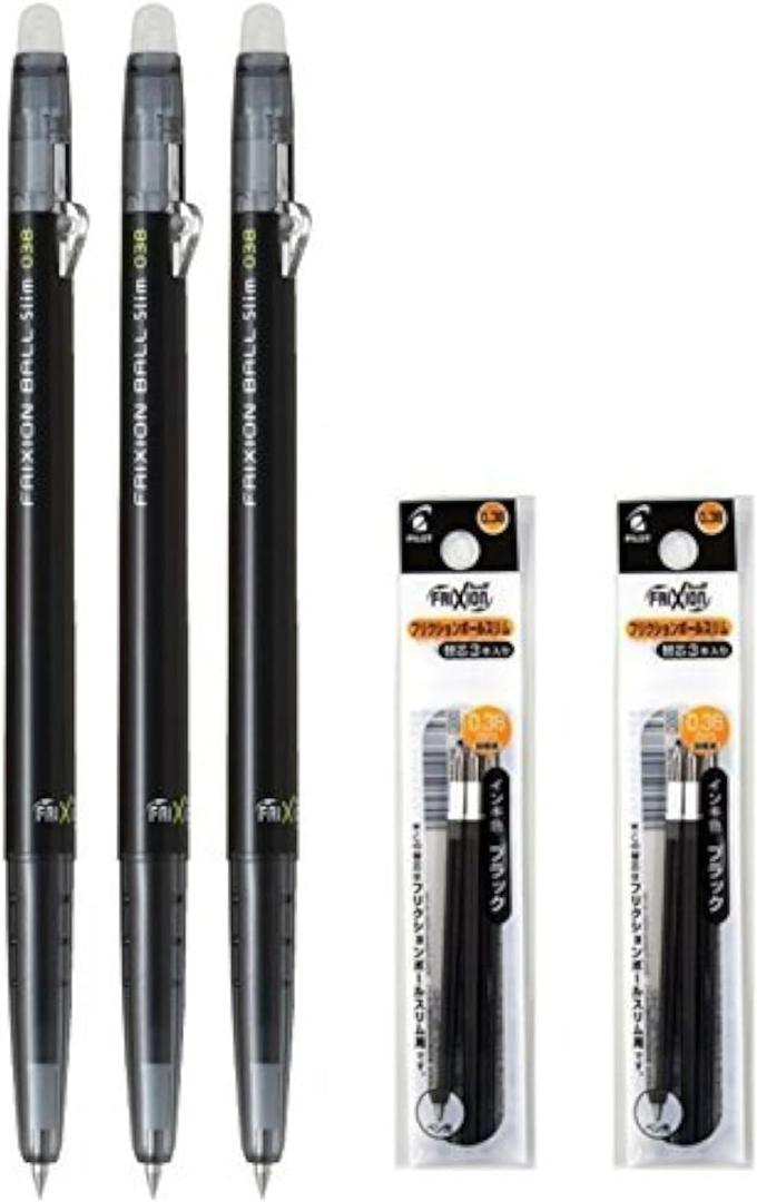 Pilot FriXion Ball Slim 038 Retractable Erasable Gel Ink Pen, Extra Fine Point 0.38mm, Black Ink, 3 Pens & 6 Refills Value Set