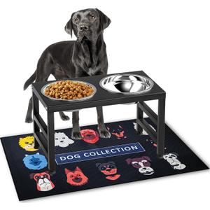 Metal Raised Dog Bowl, 10" Tall Elevated Dog Feeder Stand with 2 Stainless Steel 42oz Bowls & 16x24 Non-Slip Mat Stronger Dogs Food & Water Bowl Stand (Black)