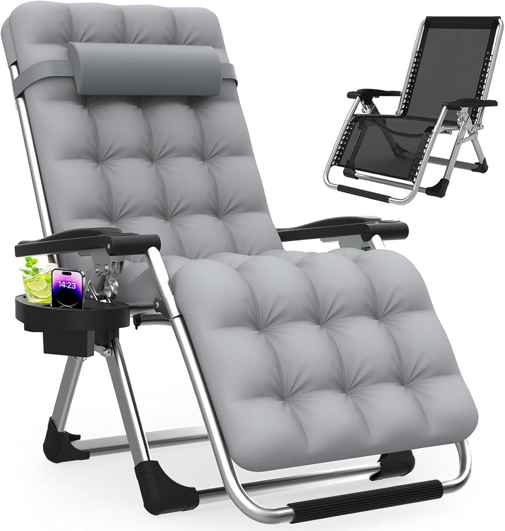 Slendor Zero Gravity Chair, Zero Gravity Lounge Chair with Upgraded Lock and Removable Cushion, Reclining Camping Chair with Cup Holder, Headrest for Indoor Outdoor, Gray (Grey)