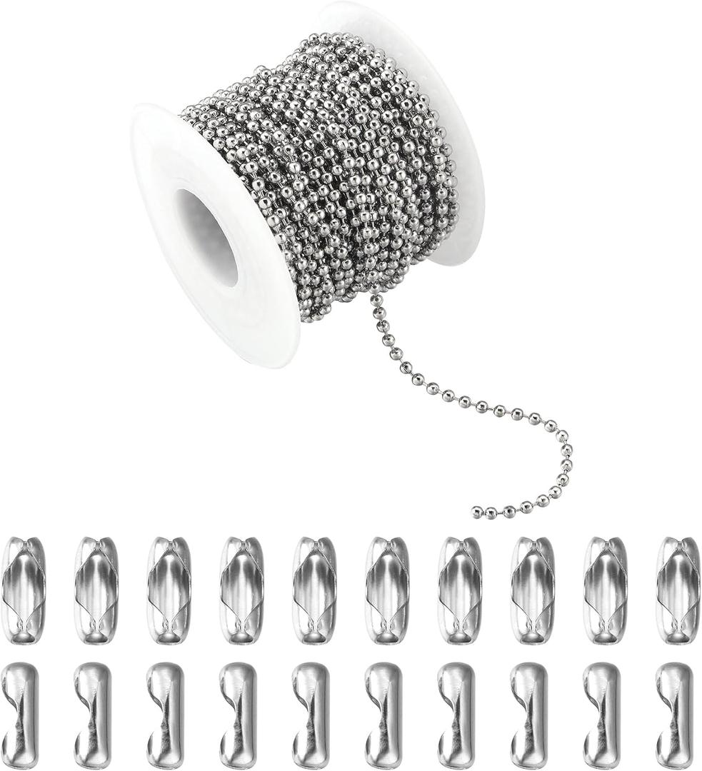 33Feet Ball Bead Chain Stainless Steel Dog Tag Chain with Matching Connectors for Jewelry Making Necklace Hanging Bracelets Keychain(2.4mm)