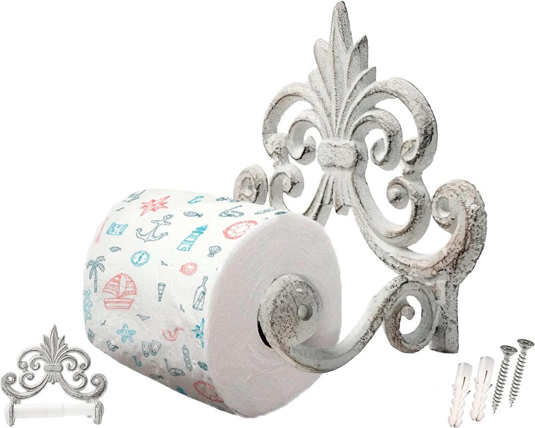 Fleur De Lis Cast Iron Toilet Paper Holder  Wall Mounted Tissue Dispenser  European Vintage Design  7.28" x 6.29" x 3.74"  Includes Screws and Anchors  Antique White