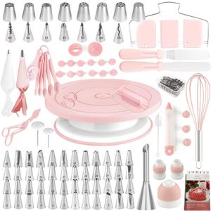 Cake Decorating Kit,137pcs Cake Decorating Supplies with Cake Turntable for Decorating, Pastry Piping Bag, Russian Piping Tips Baking Tools, Cake Baking Supplies for Beginners (Light Pink)