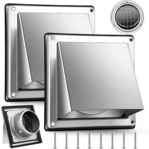 Gisafai 2 Pcs 4" Dryer Vent Cover Outdoor Walls Dryer Exhaust Vent Cover External Dryer Vent Cap Stainless Steel Outside Dryer Vent Hood Cushioned Non Return Flap with Sealing Gasket Grille Screen