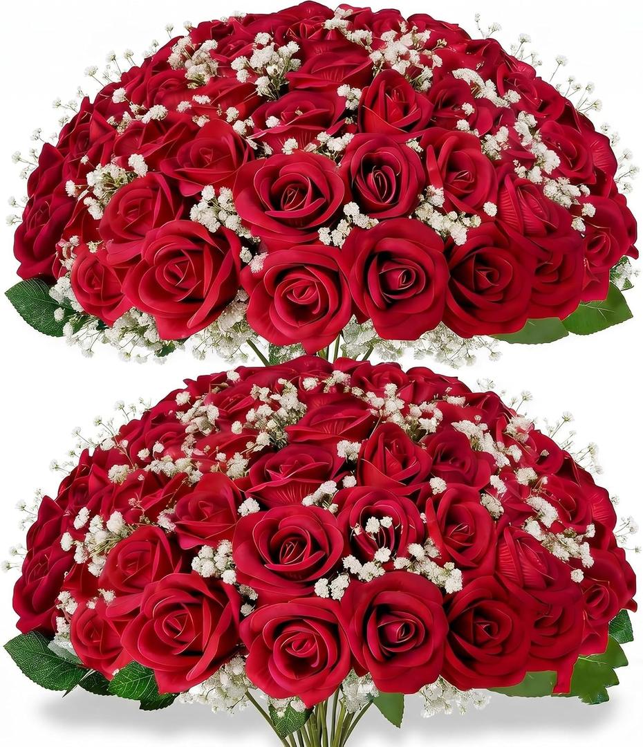 50 PCS Velvet Artificial Rose Bouquet with Baby's Breath, 20 Inch Realistic Fake Flowers, Perfect for Wedding Bridal Bouquets, Home Decor, Table Centerpieces & Photo Shoots，Red
