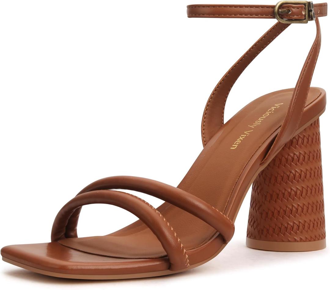 Women's Block High Heels Square Toe Heeled Sandals Ankle Strap Shoes (Brown) 8