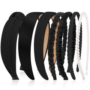 VELSCRUN Headbands for Women 7 Pcs Different Black Fashion Knotted Solid Head Bands Pearl Headband Non Slip Hair Band for Women's Girls Thin Thick Short Hair Face Wash Hair Accessories