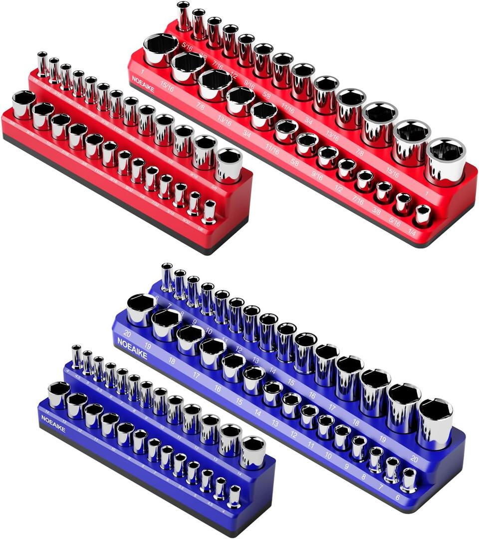 Magnetic Socket Organizer, 4-Pack Metric SAE Holder Set 1/4", 3/8" Drive Socket Trays, Holds 108 Pcs Standard and Deep Size Sockets(Socket not Included)