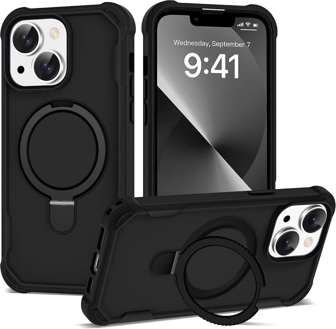 Compatible with iPhone 13 & 14 Case 6.1'' with Magnetic Ring Stand [Military Drop Protection][Compatible with MagSafe] Shockproof 13 & 14 Phone Case for Men Wowen,Black
