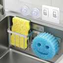[Space Saving] Sponge Holder for Kitchen Sink, Great for Scrub Daddy / Scrub Mommy Sponges, Rust-proof Sink Sponge Caddy Organizer for Dish Brush, Scrubber - 2 Mounting Options (Suction Cups & Hooks) (Silver)