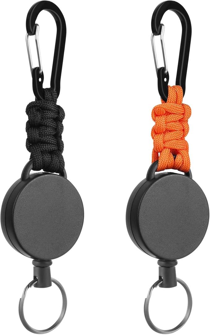 2 Pack Retractable Keychain, Heavy Duty Retractable Badge Holder Reel, Retractable ID Badge Clip Reel with Steel Cable and Carabiner Clip, Badge Reel Carabiner Key ChainBlack&Orange
