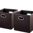 PRANDOM Leather Foldable Cube Storage Bins 13x13 inch [2-Pack] Fabric Storage Baskets Cubes Drawer with Cotton Handles Organizer for Shelves Nursery Closet Bedroom Clothes Brown