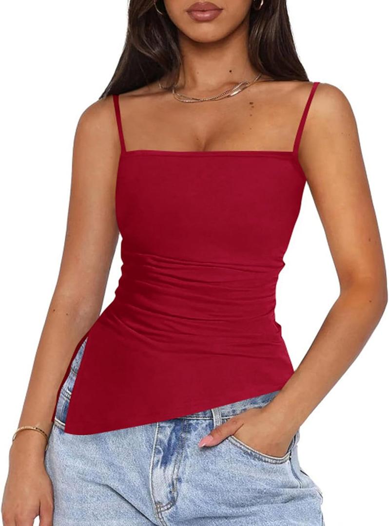 PRETTYGARDEN Women's Summer Spaghetti Strap Tank Tops Sleeveless Camisole Blouses Asymmetrical Going Out Basic Tank Shirt (S)