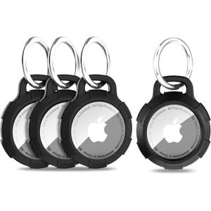 AirTag Holder Keychain Case, Apple Air Tag Accessories, Solid Full-Body Protection Anit-Sratch Clear Shell, Works with Keychain, Bags, Dog Collar, Luggage and More, 4 Pack Black
