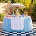 Chumia Wonderland Party Tulle Table Skirt 6 ft Wonderland Tea Tables Skirt Blue Mesh Tablecloth with White Apron for Tea Birthday Baby Shower Wedding Party Decoration