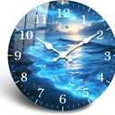 Coastal Wall Clock Battery Operated 10 Inch Beach Wooden Wall Clocks Silent Non Ticking Round Analog Clock for Bedroom Office Bedroom Kitchen Decor (Blue Ocean)