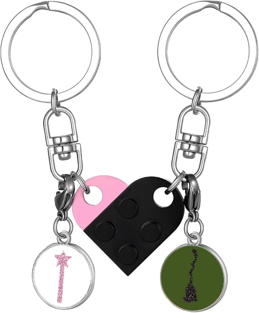 2 x 2Pcs Matching Heart Keychains  Magical Friend-Inspired Brick Set with Witch & Princess Charms, Gift for Fans & Best Friends (Style-A, Black)