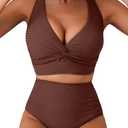 Herseas Women's Textured Bikini Sets Twist Front Top Swimsuits High Waisted Bathing Suits (Brown, XL)