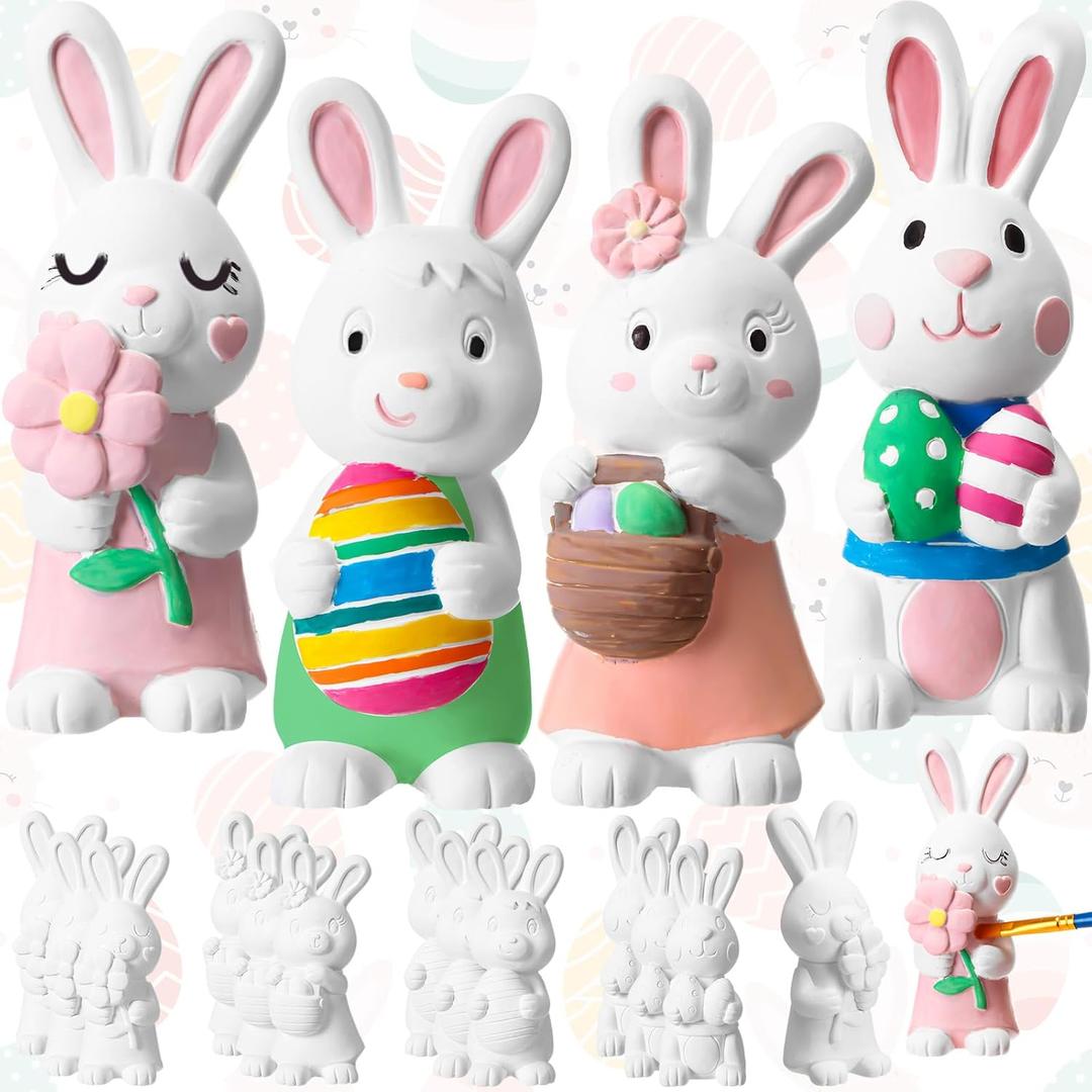 Zubebe 12 Pcs Ready to Paint Your Own Easter Bunny Figurines 5.1 Inch 3D Unpainted Blank Ceramics to Paint Bunny Statues Large DIY Arts Crafts Rabbit Ceramic Figurines for Easter Day Decor, 4 Styles