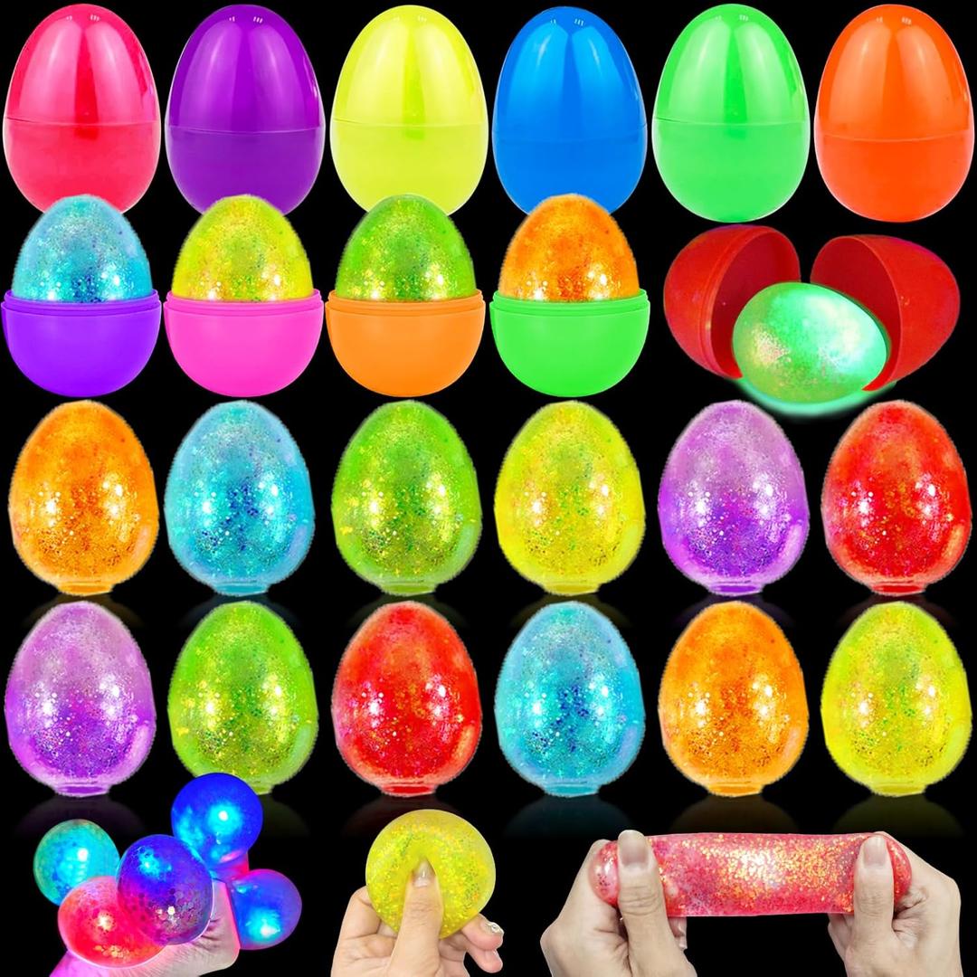 12 Pack Easter Eggs Prefilled with Light Up Glitter Squeeze Squishy Stress Balls Relief Fidget Toys Filler , Glow in The Dark Easter Basket Stuffers Essential Gift Kids Adults Surprise Egg Hunt Favor