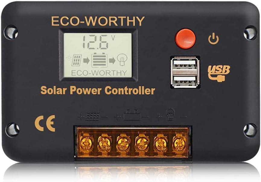 ECO-WORTHY 30A Solar Charger Controller Solar Panel Battery Intelligent Regulator with Dual USB Port Auto 12/24V PWM Positive Ground for LithiumLead-Acid,Gel Battery